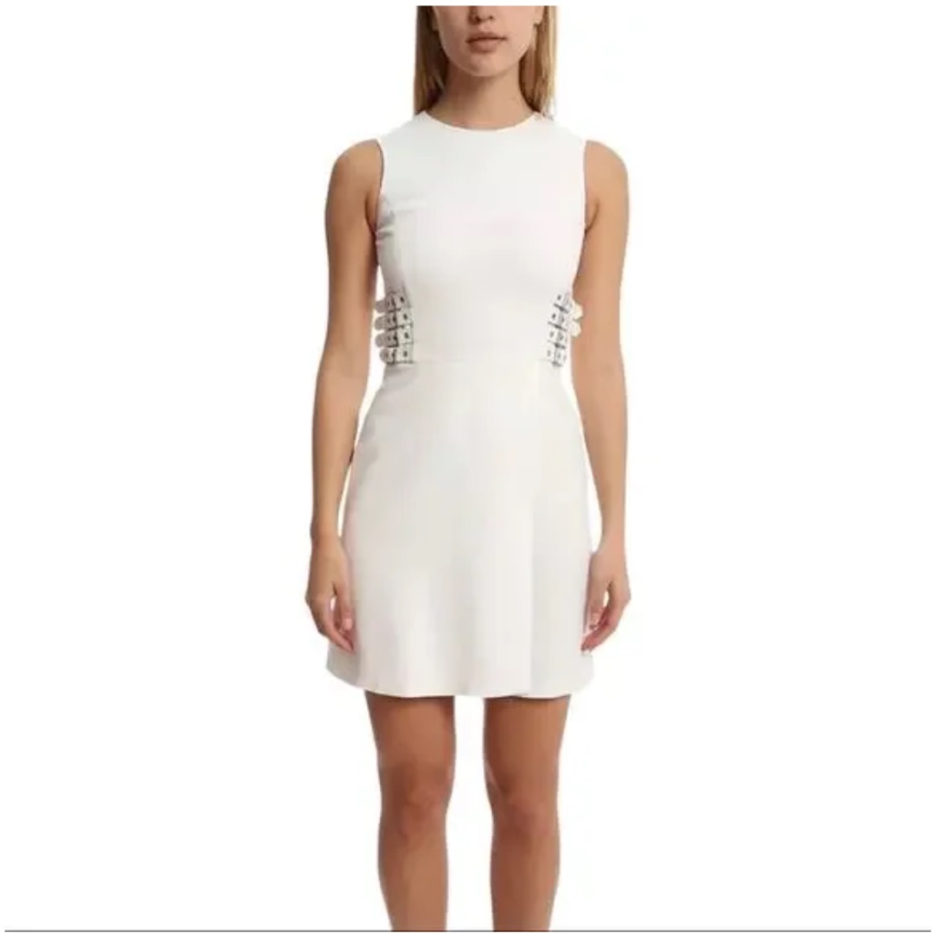 A.L.C White Anderson Buckle Row Side Waist Detail Crepe Sleeveless Mini Dress
